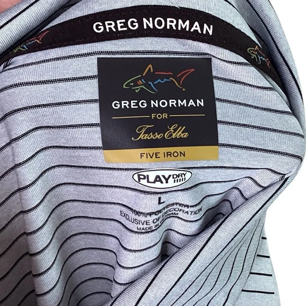 Greg Norman Golf Polo Shirt Mens L Gray Black Play Dry Short Sleeves Polyester